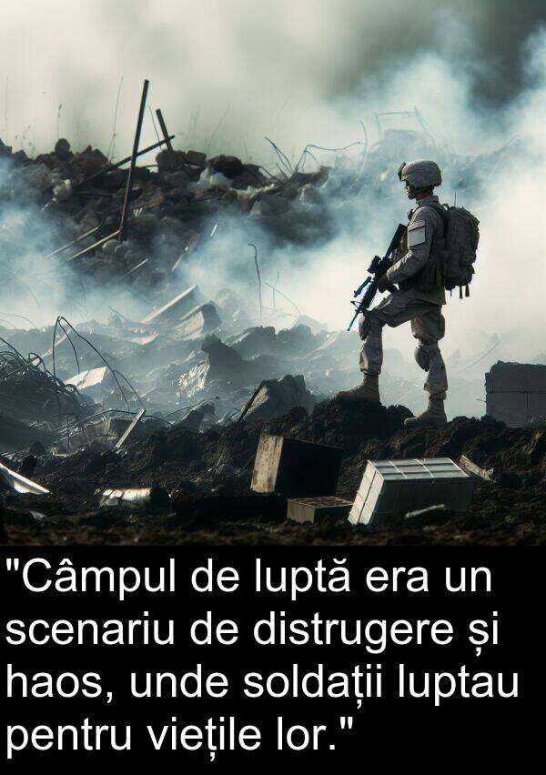 haos: "Câmpul de luptă era un scenariu de distrugere și haos, unde soldații luptau pentru viețile lor."