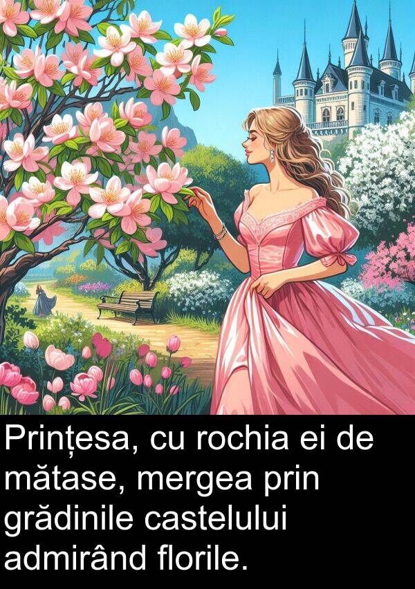 grădinile: Prințesa, cu rochia ei de mătase, mergea prin grădinile castelului admirând florile.