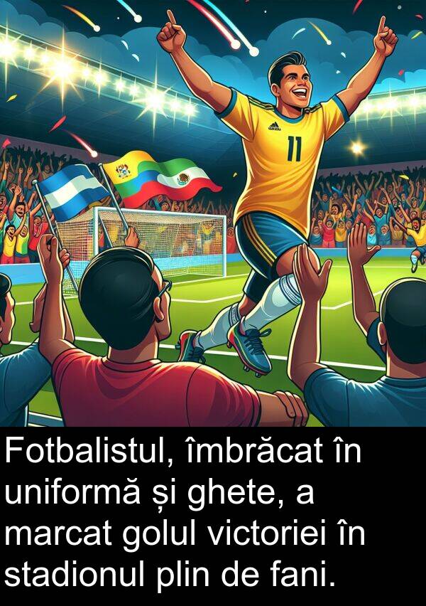 îmbrăcat: Fotbalistul, îmbrăcat în uniformă și ghete, a marcat golul victoriei în stadionul plin de fani.