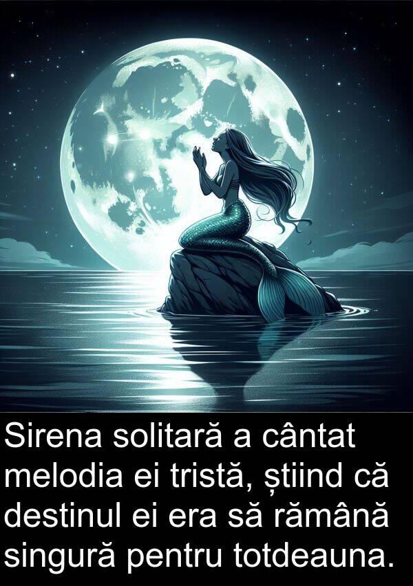 știind: Sirena solitară a cântat melodia ei tristă, știind că destinul ei era să rămână singură pentru totdeauna.