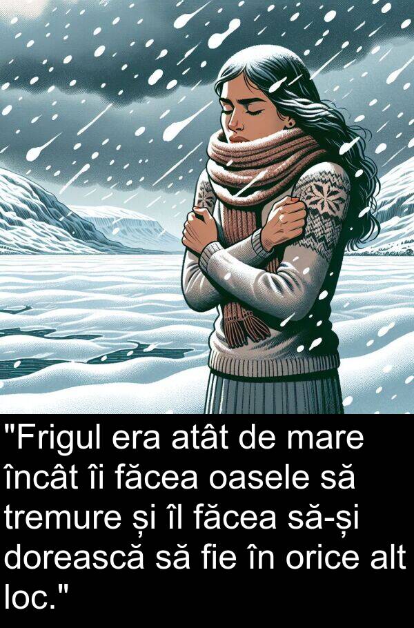 făcea: "Frigul era atât de mare încât îi făcea oasele să tremure și îl făcea să-și dorească să fie în orice alt loc."