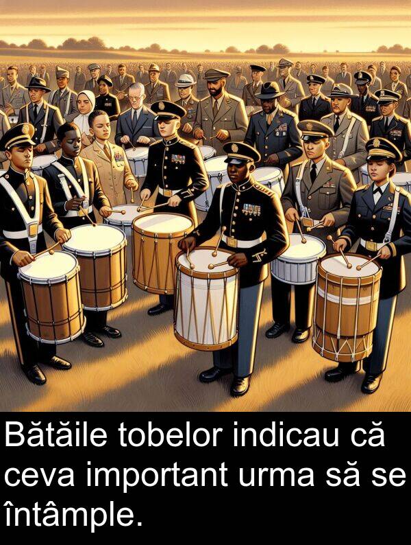 întâmple: Bătăile tobelor indicau că ceva important urma să se întâmple.