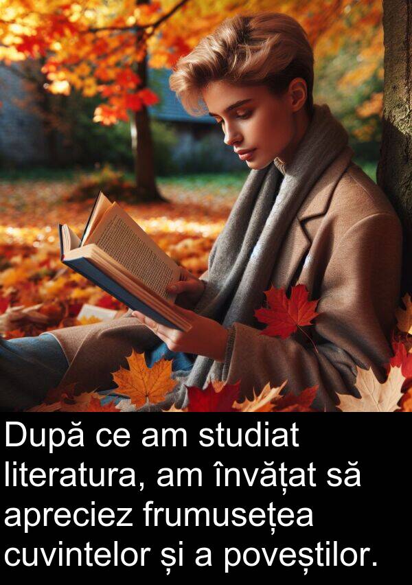 poveștilor: După ce am studiat literatura, am învățat să apreciez frumusețea cuvintelor și a poveștilor.
