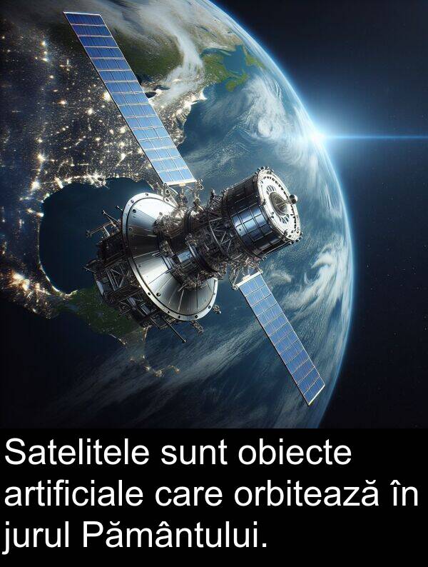 obiecte: Satelitele sunt obiecte artificiale care orbitează în jurul Pământului.