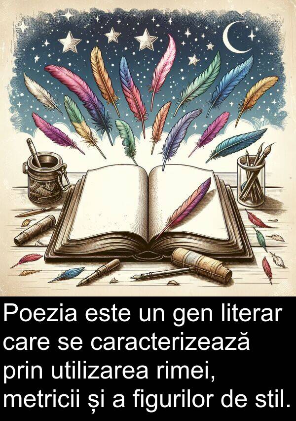 gen: Poezia este un gen literar care se caracterizează prin utilizarea rimei, metricii și a figurilor de stil.