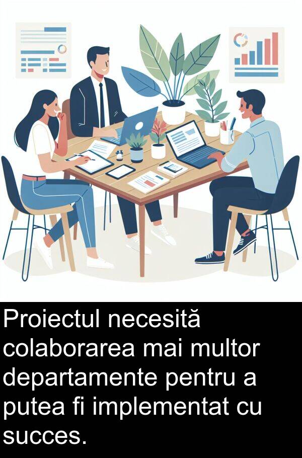 necesită: Proiectul necesită colaborarea mai multor departamente pentru a putea fi implementat cu succes.