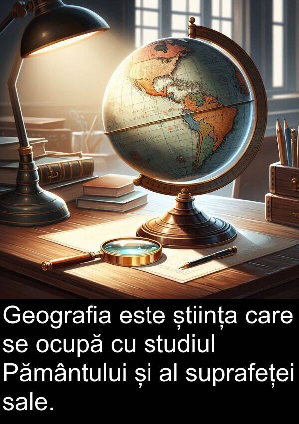 știința: Geografia este știința care se ocupă cu studiul Pământului și al suprafeței sale.