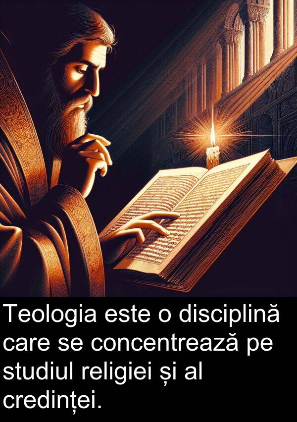 concentrează: Teologia este o disciplină care se concentrează pe studiul religiei și al credinței.