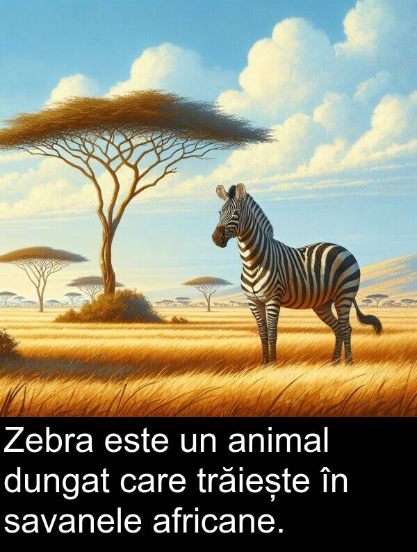 trăiește: Zebra este un animal dungat care trăiește în savanele africane.