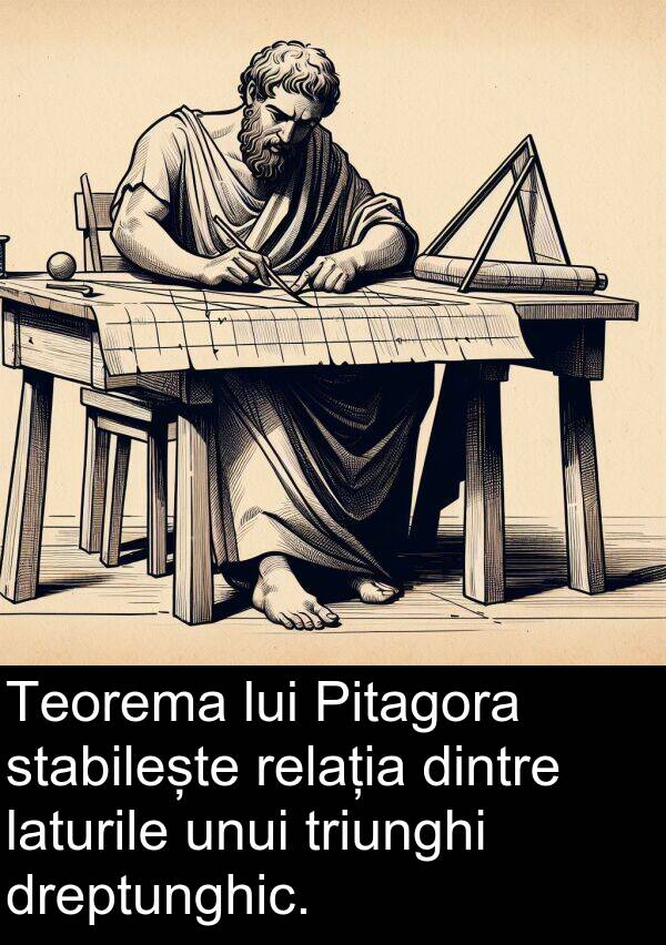dreptunghic: Teorema lui Pitagora stabilește relația dintre laturile unui triunghi dreptunghic.