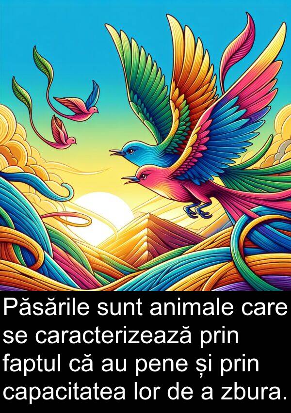 faptul: Păsările sunt animale care se caracterizează prin faptul că au pene și prin capacitatea lor de a zbura.