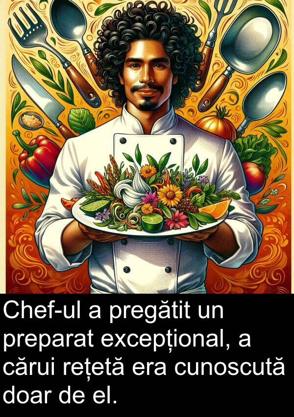 el: Chef-ul a pregătit un preparat excepțional, a cărui rețetă era cunoscută doar de el.