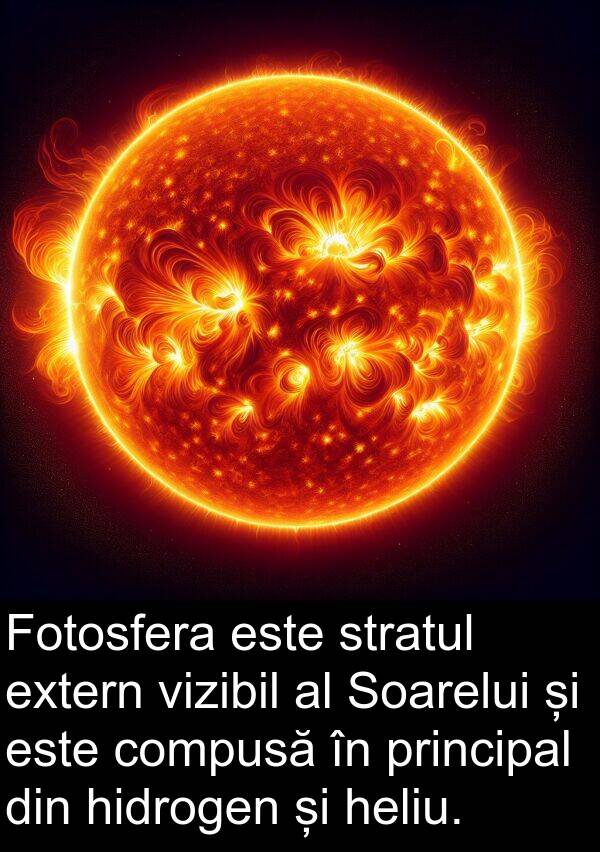 heliu: Fotosfera este stratul extern vizibil al Soarelui și este compusă în principal din hidrogen și heliu.