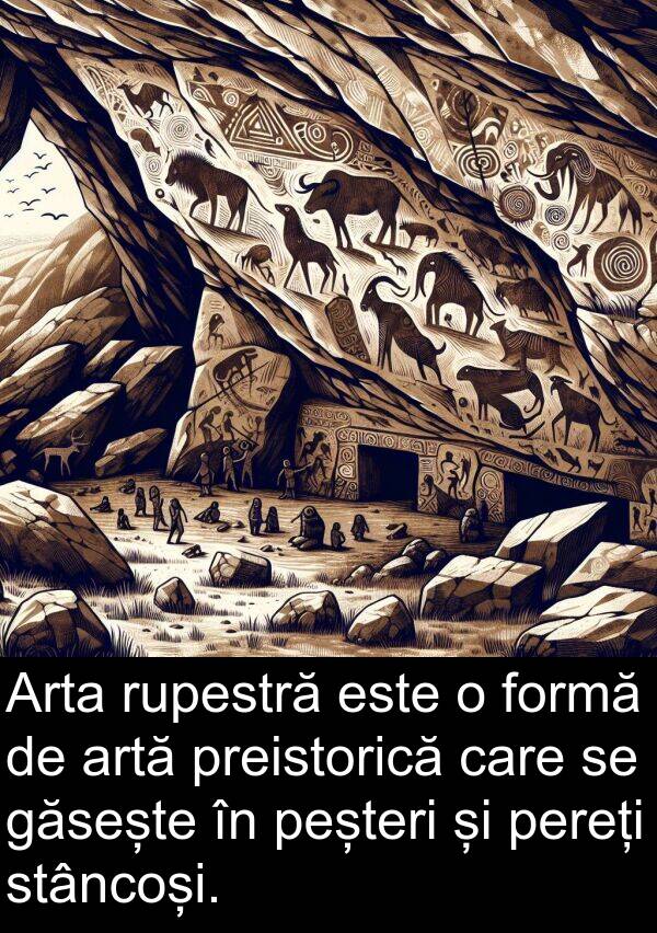 găsește: Arta rupestră este o formă de artă preistorică care se găsește în peșteri și pereți stâncoși.