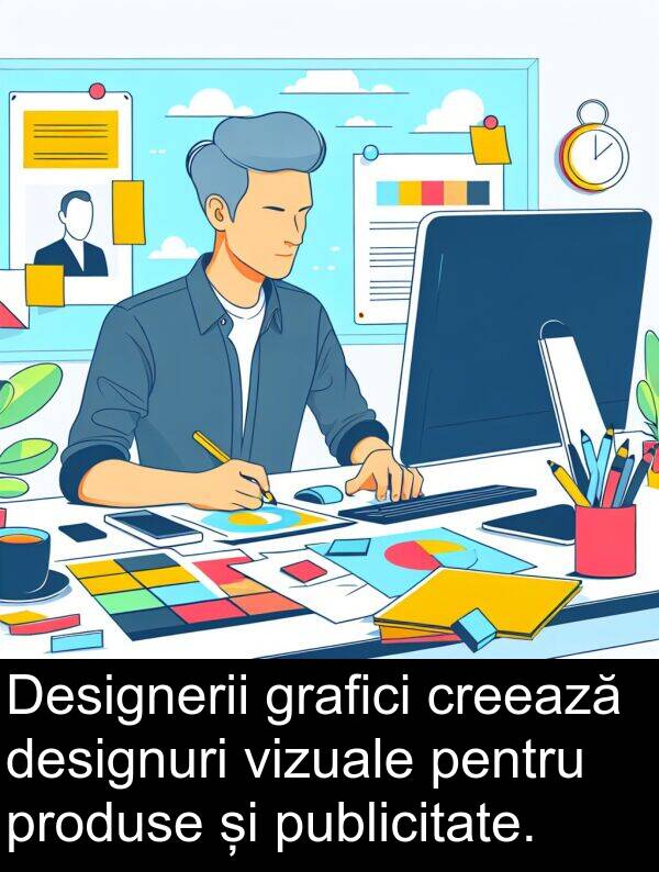 produse: Designerii grafici creează designuri vizuale pentru produse și publicitate.