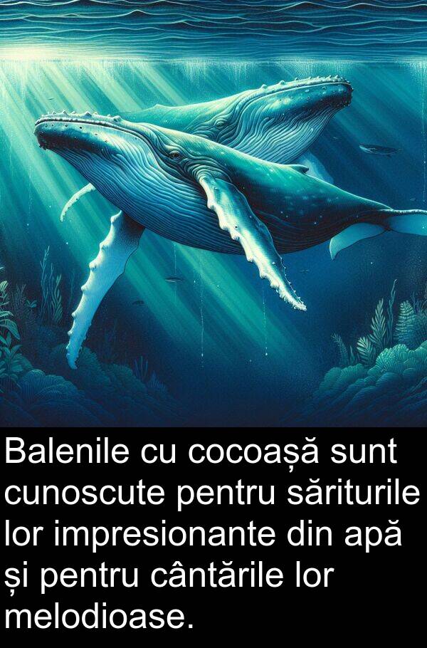 săriturile: Balenile cu cocoașă sunt cunoscute pentru săriturile lor impresionante din apă și pentru cântările lor melodioase.