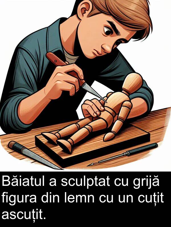 lemn: Băiatul a sculptat cu grijă figura din lemn cu un cuțit ascuțit.