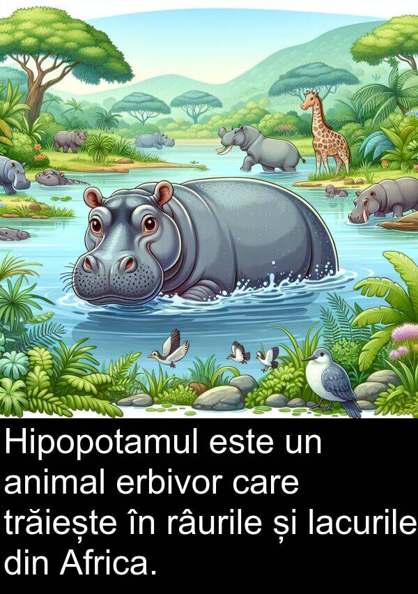lacurile: Hipopotamul este un animal erbivor care trăiește în râurile și lacurile din Africa.