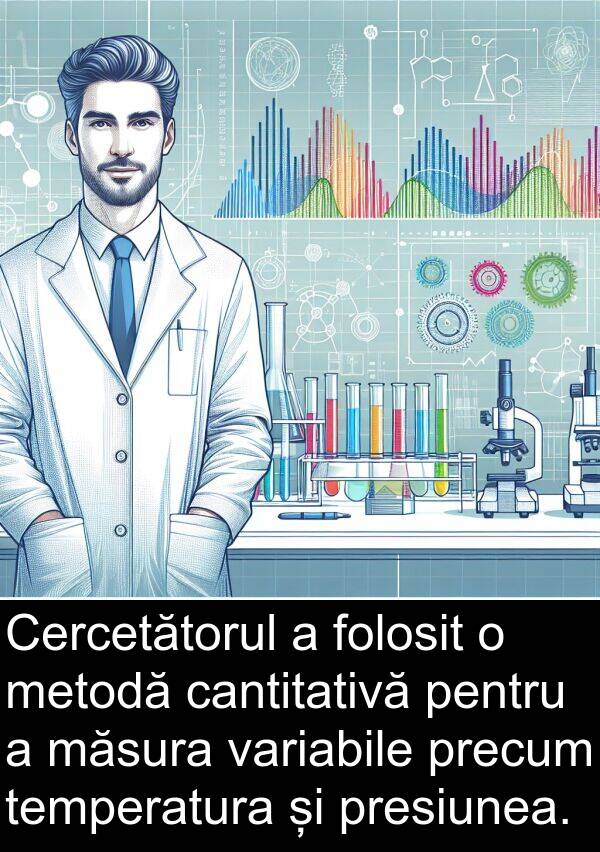 variabile: Cercetătorul a folosit o metodă cantitativă pentru a măsura variabile precum temperatura și presiunea.