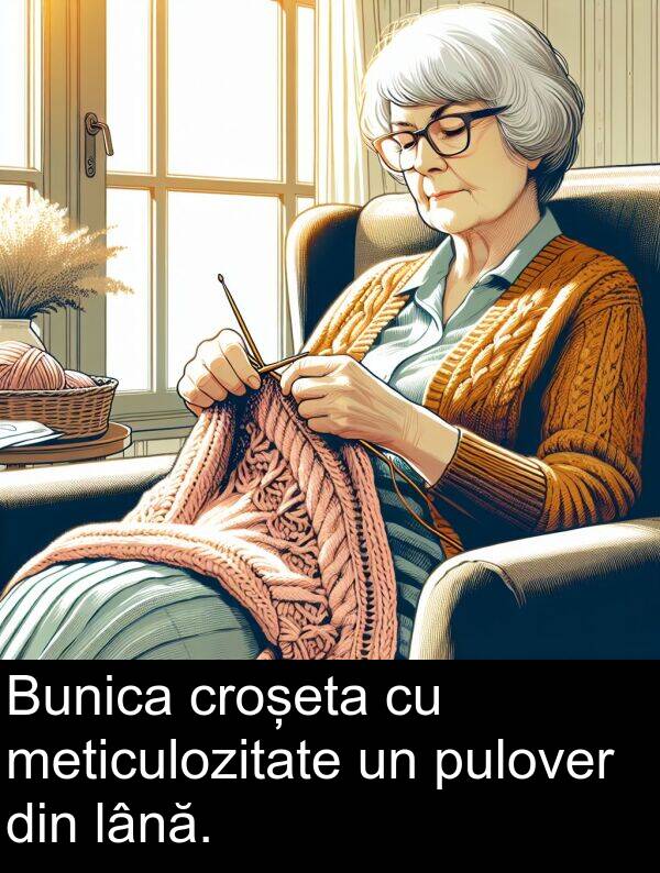 lână: Bunica croșeta cu meticulozitate un pulover din lână.