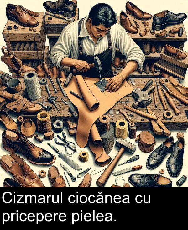 ciocănea: Cizmarul ciocănea cu pricepere pielea.