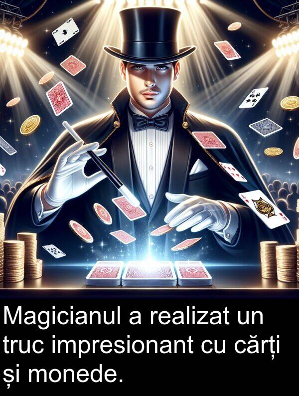 truc: Magicianul a realizat un truc impresionant cu cărți și monede.