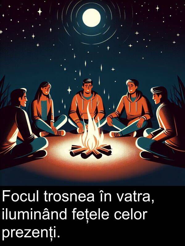 iluminând: Focul trosnea în vatra, iluminând fețele celor prezenți.