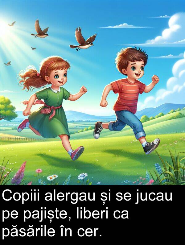 jucau: Copiii alergau și se jucau pe pajiște, liberi ca păsările în cer.