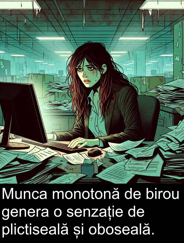 genera: Munca monotonă de birou genera o senzație de plictiseală și oboseală.