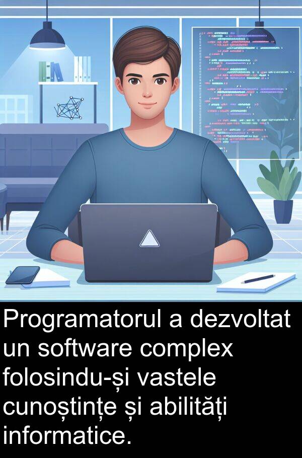 abilități: Programatorul a dezvoltat un software complex folosindu-și vastele cunoștințe și abilități informatice.