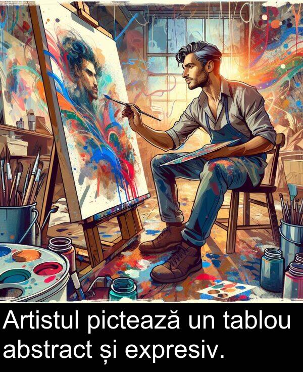 tablou: Artistul pictează un tablou abstract și expresiv.