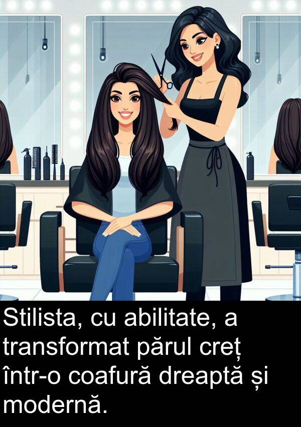 dreaptă: Stilista, cu abilitate, a transformat părul creț într-o coafură dreaptă și modernă.