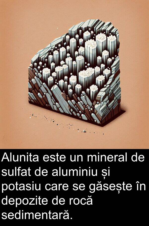găsește: Alunita este un mineral de sulfat de aluminiu și potasiu care se găsește în depozite de rocă sedimentară.