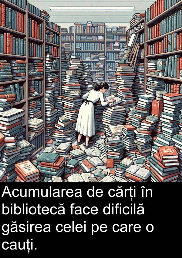 găsirea: Acumularea de cărți în bibliotecă face dificilă găsirea celei pe care o cauți.
