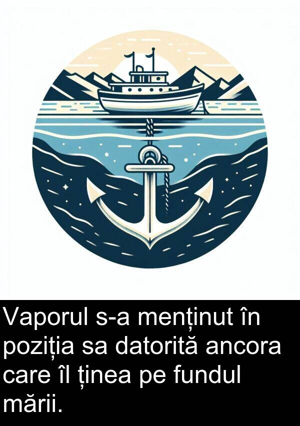ținea: Vaporul s-a menținut în poziția sa datorită ancora care îl ținea pe fundul mării.