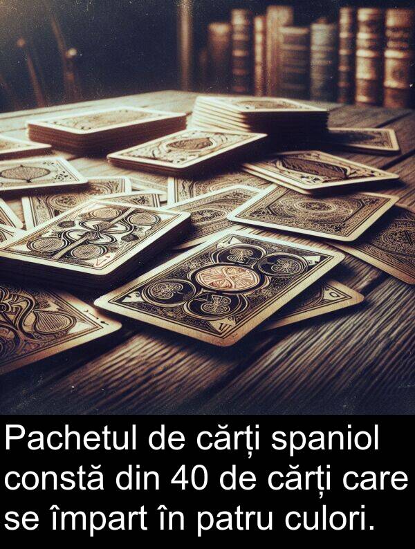 împart: Pachetul de cărți spaniol constă din 40 de cărți care se împart în patru culori.