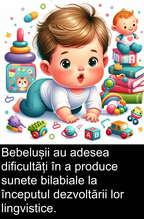 lingvistice: Bebelușii au adesea dificultăți în a produce sunete bilabiale la începutul dezvoltării lor lingvistice.