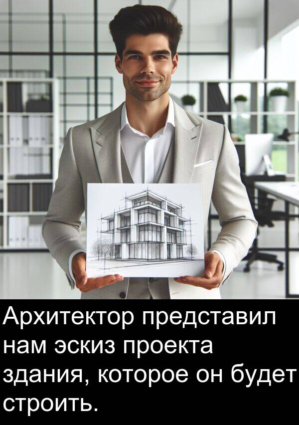 проекта: Архитектор представил нам эскиз проекта здания, которое он будет строить.