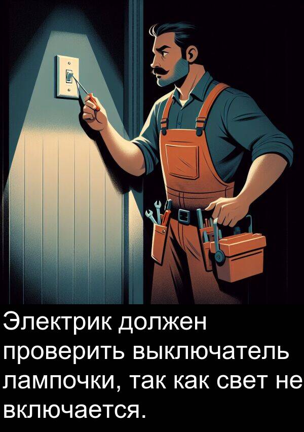 проверить: Электрик должен проверить выключатель лампочки, так как свет не включается.