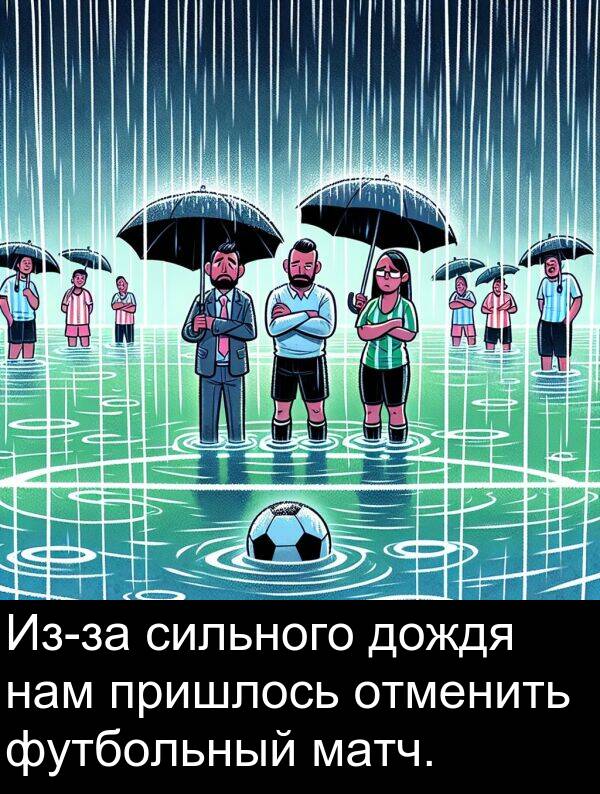 пришлось: Из-за сильного дождя нам пришлось отменить футбольный матч.