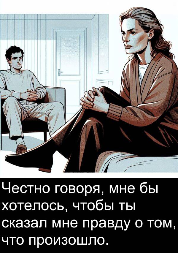 произошло: Честно говоря, мне бы хотелось, чтобы ты сказал мне правду о том, что произошло.