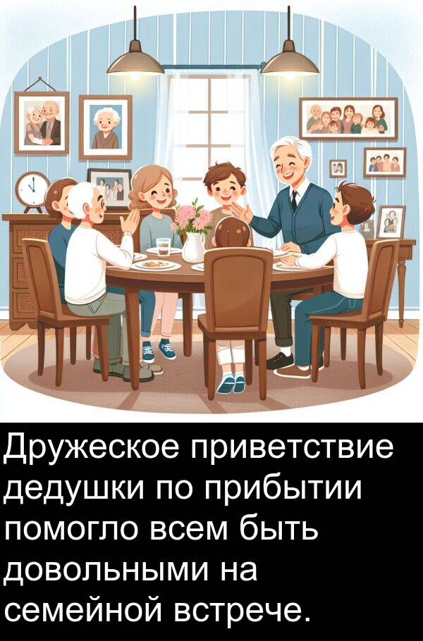приветствие: Дружеское приветствие дедушки по прибытии помогло всем быть довольными на семейной встрече.