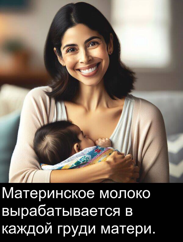 вырабатывается: Материнское молоко вырабатывается в каждой груди матери.