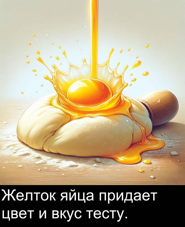 придает: Желток яйца придает цвет и вкус тесту.