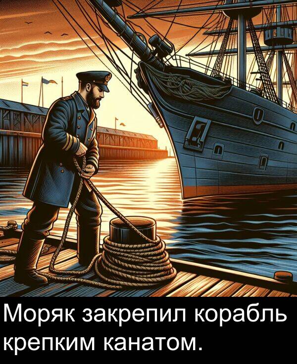 корабль: Моряк закрепил корабль крепким канатом.