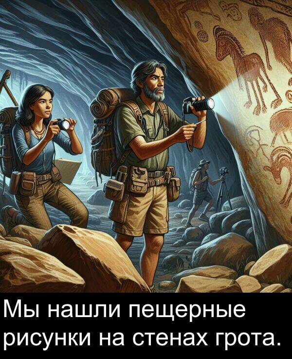 стенах: Мы нашли пещерные рисунки на стенах грота.