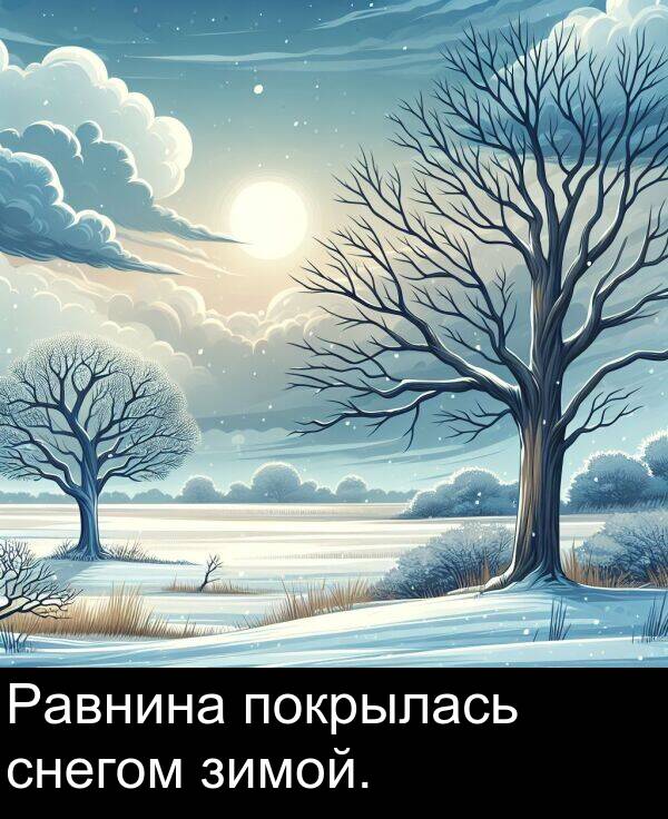 покрылась: Равнина покрылась снегом зимой.