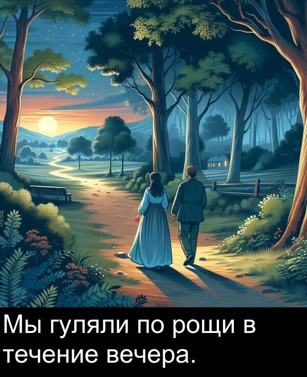 вечера: Мы гуляли по рощи в течение вечера.