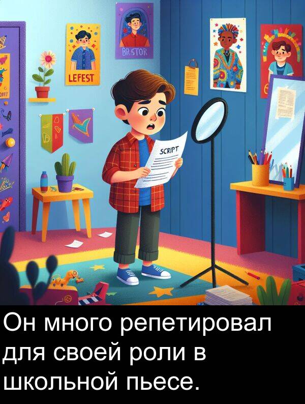 пьесе: Он много репетировал для своей роли в школьной пьесе.