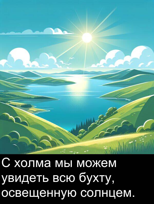 всю: С холма мы можем увидеть всю бухту, освещенную солнцем.